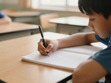 A young student, hands on desk, focused on writing in a notebook, clean classroom, natural light, shallow depth of field, close-up of hands working.