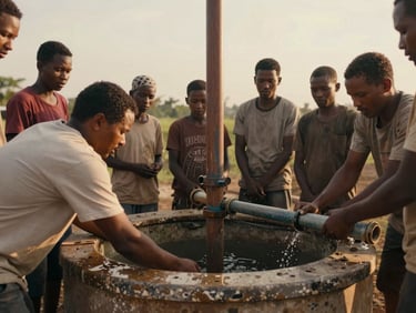 Warm documentary photograph of community members building a clean water well, hands working together on pipes, natural golden hour light, respectful, medium-wide shot with agency.
