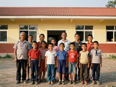 Local community members and children proudly standing outside a newly constructed, brightly painted school building, natural daylight, hopeful expressions, medium-wide environmental portrait.