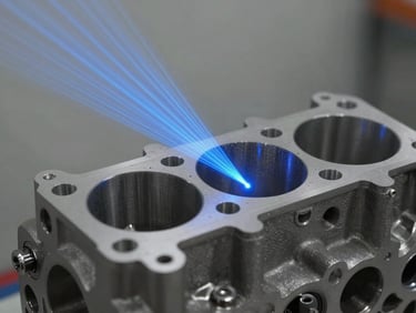 Macro close-up of a blue-light 3D scanner projecting structured light lines across a complex machined engine block, cool industrial studio lighting, desaturated metallic tones, sharp focus, 35mm