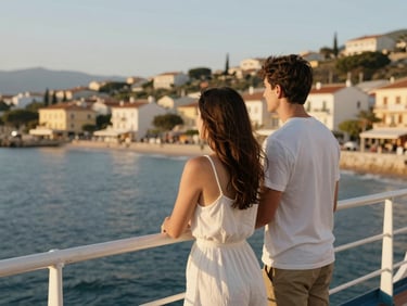 Candid moment of a couple standing at the ship railing looking out at a sun-drenched coastal town at golden hour