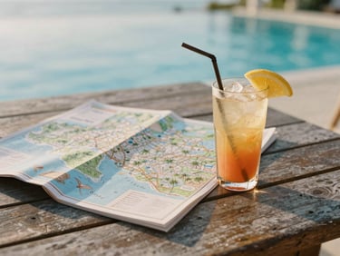 A map and a cold tropical drink resting on a weathered wooden table by the pool, soft golden light, shallow depth of field, 35mm film