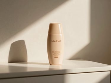 Low-angle heroic shot of the sculptural Larfoz sunscreen bottle on a minimalist vanity, casting sharp geometric shadows from direct sunlight, warm champagne tones, high contrast, 85mm