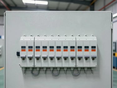 Straight-on structured shot of an industrial circuit breaker panel, clean warehouse lighting, technical details in sharp focus.
