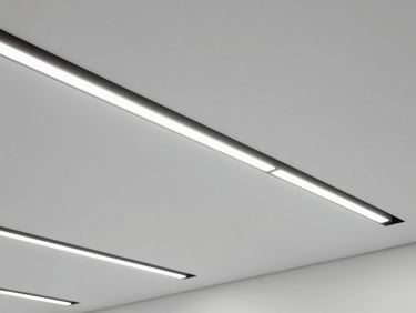 Minimalist modern office ceiling with linear recessed LED lighting, geometric structured lines, crisp focus, 35mm lens