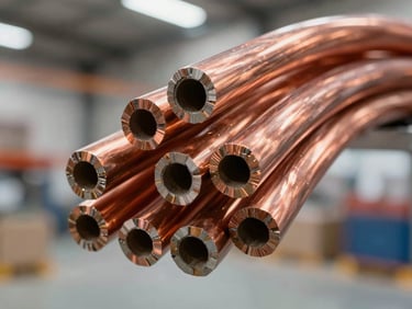 Close-up of thick high-quality copper power cables with clean cut ends, structured industrial composition, sharp focus, bright warehouse lighting