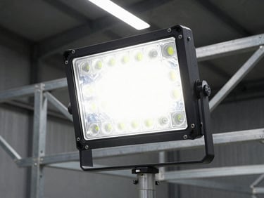 High-power industrial outdoor LED floodlight mounted on a metal structure, high-contrast night shot with crisp light distribution, sharp focus