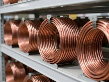 Close-up of neatly coiled heavy-duty copper power cables on warehouse shelves, bright clean lighting.
