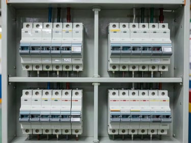 Symmetrical grid of industrial circuit breakers and electrical switches mounted inside a clean distribution board, technical details, sharp focus