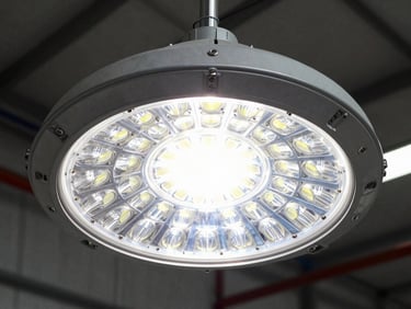 High-contrast macro shot of an industrial UFO LED high bay light fixture, crisp warehouse lighting, sharp technical details, 35mm lens
