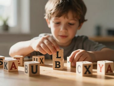 Eye-level medium shot of a child placing wooden alphabet blocks on a sunlit table, warm natural light, shallow depth of field.