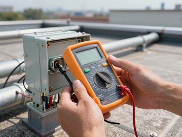 Hands holding a digital multimeter probing a junction box terminal on a commercial rooftop installation, wiring and conduit in background, studio strobe detail lighting, no faces visible