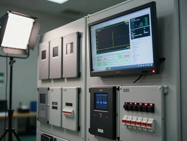 Interior shot of a monitoring station inside a facility equipment room — wall-mounted display showing system performance data, rows of inverters and disconnect switches visible, studio strobe lighting, no people, focus on hardware and instrumentation