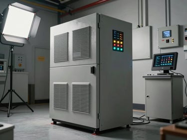 Equipment room interior showing inverter bank and monitoring station with indicator lights, wall-mounted electrical panels, studio strobe lighting, no people