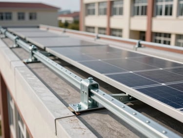 Close-up of rooftop solar panel mounting rails on an institutional school building, aluminum racking hardware and fasteners in sharp focus, natural daylight, no people
