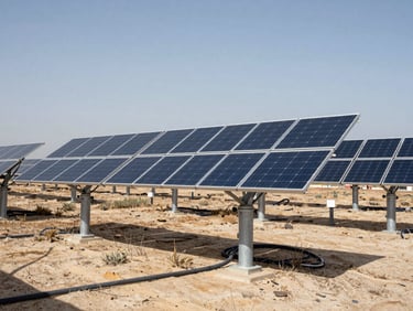 Ground-mounted solar array in a remote compound setting, structural posts and wiring conduit visible, flat arid terrain, harsh midday natural light, wide establishing frame, no people