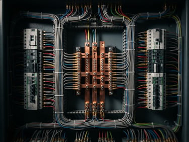 Straight-on, symmetrical macro shot of a meticulously dressed electrical panel, copper wires perfectly parallel, dramatic directional lighting, metallic textures, shallow depth of field.