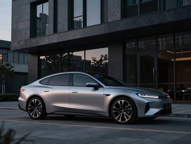 Sleek modern luxury sedan parked in front of contemporary Arlington architecture at twilight, deep silver and charcoal tones, sharp focus