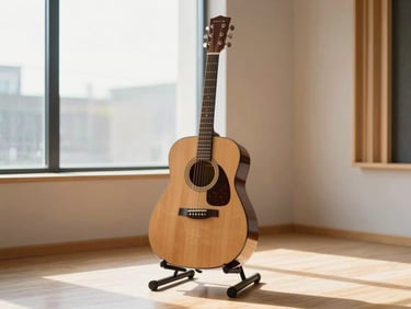 Bright daylight-flooded recording studio with a natural wood acoustic guitar resting on a stand, warm golden sunbeams streaming through a large window, clean minimalist aesthetic.