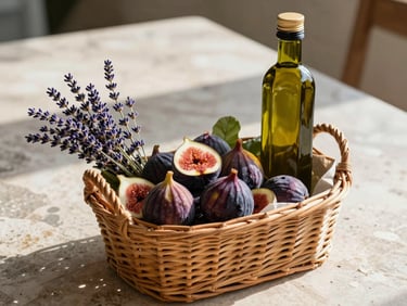 A beautifully arranged local welcome basket with fresh figs, lavender sprigs, and a bottle of olive oil on a sun-dappled stone table.