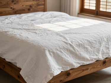 Crisp white linen sheets with natural creases on a rustic wooden bed, warm morning sun filtering through wooden shutters, soft and elegant atmosphere.