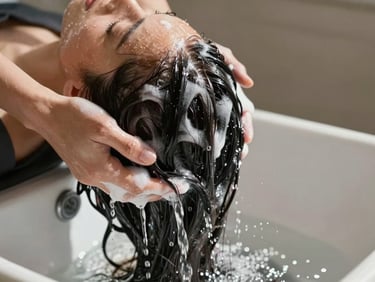 Serene close-up of water cascading over dark hair during a luxury rinse, dramatic natural shadows.