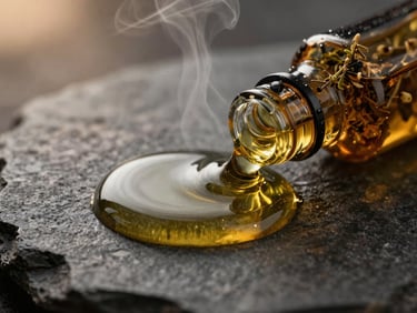 Macro shot of rich botanical oil pooling on a dark basalt stone, low-key warm lighting, steam rising.