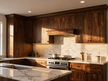 Warm ambient residential lighting in a newly renovated luxury kitchen with custom dark timber cabinets and marble countertops.