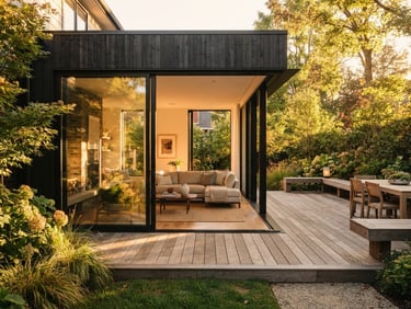 Warm editorial architectural photography of a modern home extension with large glass doors opening onto a clean timber deck, golden-hour light.