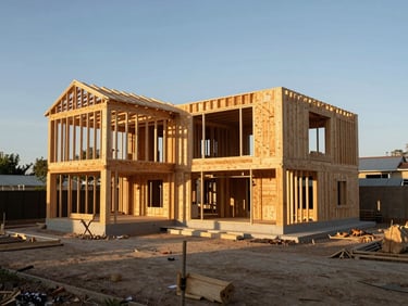 Sharp medium format architectural photo of a modern home extension framing phase, clean organized site, warm sunlight.