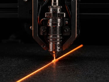Sleek dark-mode macro shot of a futuristic 3D printer nozzle emitting a precise orange laser line, high-contrast obsidian background, ultra-detailed textures.
