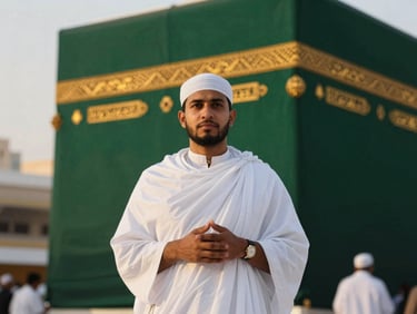 Pilgrim in white Ihram standing before the Kaaba, soft focus, golden-hour light