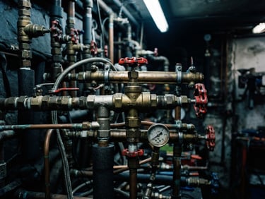 Macro detail shot of heavy-duty steel plumbing valves and heating manifolds, high-contrast industrial light, dramatic shadows, cool slate workshop tones, 35mm documentary style