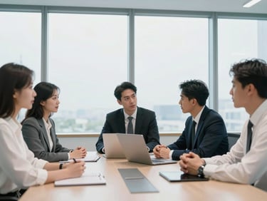 Professional collaborative meeting in a bright boardroom, clean geometric window frames, cool blue tones, focused professionals in discussion, 35mm lens