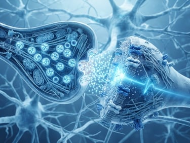 3D render of a neural synapse firing, highlighting acetylcholine release, in cool clinical blue light, macro close-up, high-detail scientific visualization