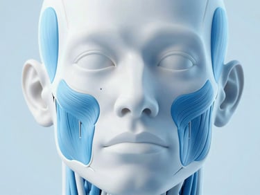 High-resolution 3D anatomical render of the human face, highlighting the frontalis muscle in blue, crisp clinical studio light, sterile blue and white tones, macro depth of field, high-detail scientific visualization