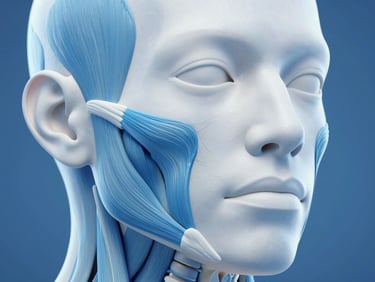 High-resolution 3D anatomical render of the human face, highlighting the masseter muscle in blue, crisp clinical studio light, sterile blue and white tones, macro depth of field, high-detail scientific visualization