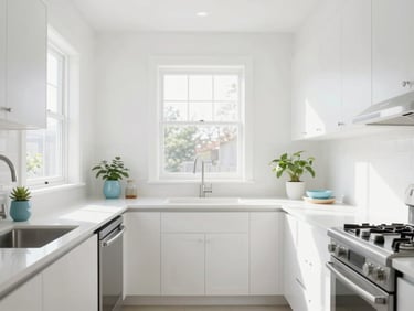 Symmetrical, bright kitchen interior with morning light streaming through windows, white countertops, pristine stainless steel appliances, high-key photography, 35mm