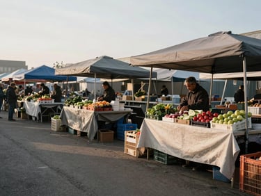 Wide environmental shot of an open-air food market early morning before vendors open, stalls with linen covers and crates of produce visible in the background, natural daylight, no customers, quiet documentary atmosphere