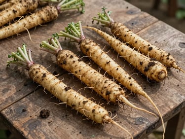 Overhead wide shot of harvested root vegetables laid out on a rough wooden farm table, soil still visible on the roots, soft north-facing daylight, no people, single ingredient study, calm and unhurried