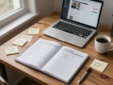 Close overhead view of a wooden desk with a handwritten content calendar spread open, a laptop showing a social media scheduling tool, a cup of coffee to one side and loose sticky notes with vendor names visible, north-facing window light from the left, no person visible, just the work surface
