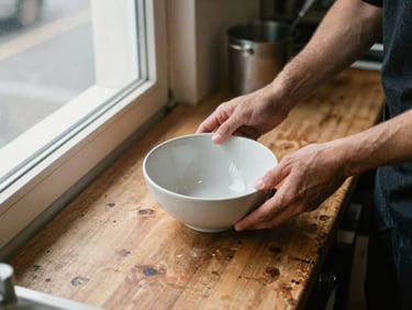 Close overhead shot of a small restaurant kitchen pass during prep, hands placing a single bowl on a worn wooden surface, natural window light from the left, matte tones, documentary framing