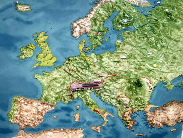Wide panoramic map or route visualization showing European borders and logistics corridors, with Bratislava positioned centrally and trade routes radiating outward across the EU—emphasizing geographic advantage and coverage density.