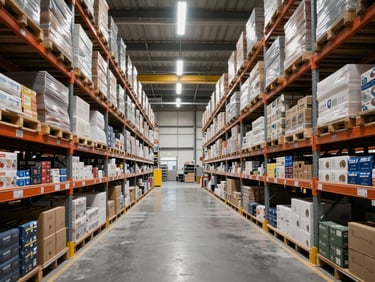 Wide panoramic view of a Bratislava warehouse interior, goods organized on shelves reaching toward ceiling, overhead industrial lighting, clear lanes and stacked inventory, showing operational scale and systemization
