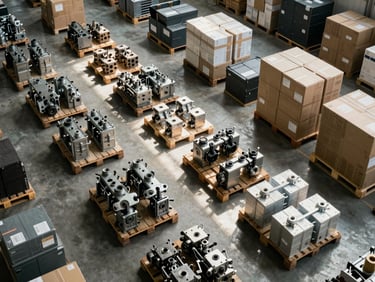 Overhead shot of a warehouse floor with organized industrial goods on pallets—metal components, boxed equipment—bathed in natural warehouse lighting, showing scale and systematic inventory management.