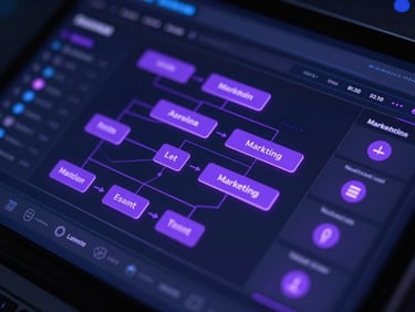 Macro close-up of a sleek, dark-themed UI dashboard displaying marketing automation workflows, glowing purple data points, ultra-sharp details.