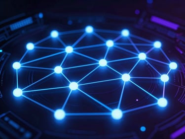 Abstract glowing network nodes connecting, symbolizing project restructuring, dark background, neon blue lines, 35mm lens.