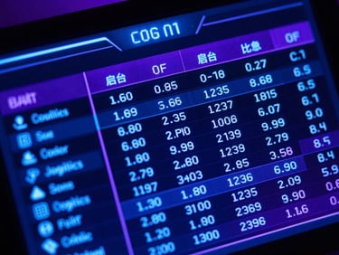 High-contrast close-up of a glowing digital dashboard showing logistics workflow automation, neon blue and purple light leaks, dark cybernetic photography.