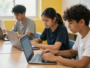 Diverse young students coding together on laptops in a bright classroom with subtle yellow accents, natural daylight