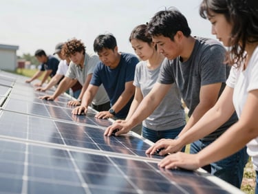 Community members collaborating over a newly installed solar array, bright natural daylight, documentary photography